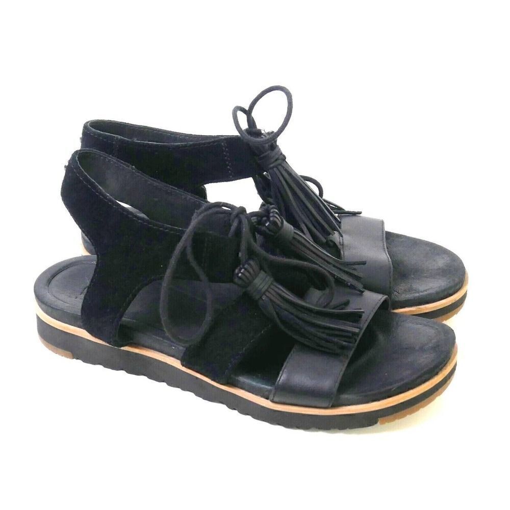 UGG Maryssa BLACK GENUINE LEATHER SUEDE TASSELS FLAT GLADIATOR SLINGBACK Sz 5 US